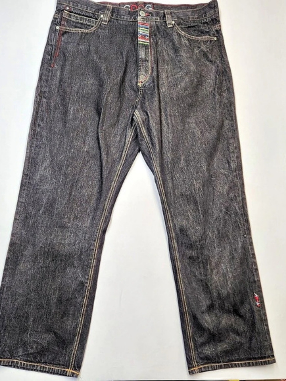 VTG Y2K Coogi Jeans Baggy Black Denim Embroidered Multi Color Wave 44x35 Street
